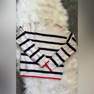 Striped Knit Sweater Long Sleeve Turtleneck Top - Navy and White with Red Trim